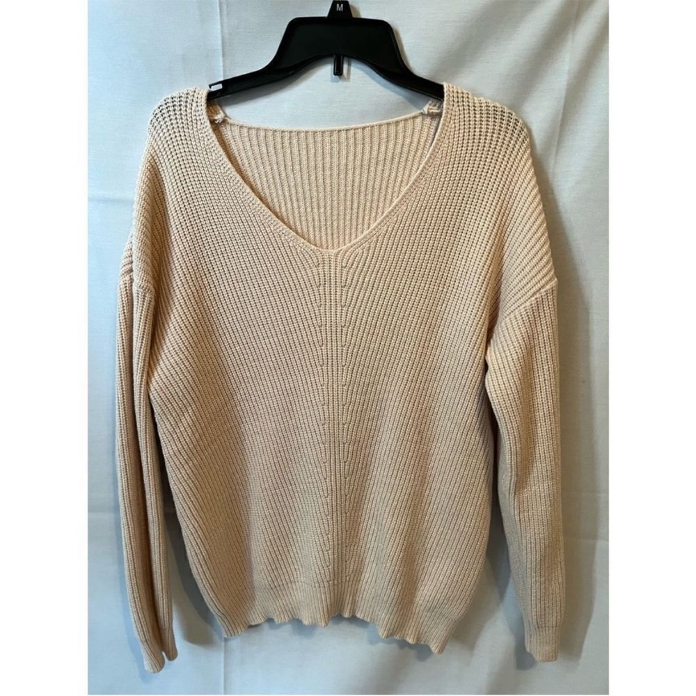 Cream V Neck Knit Sweater Beige Lightweight Pullover Cozy Casual - Picture 5 of 7